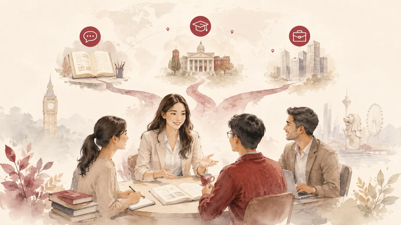 A Premium consultant guiding students toward English, university, and corporate training pathways